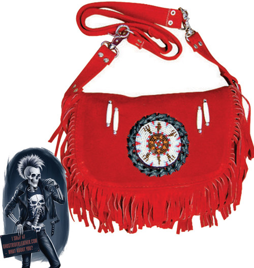 Red Suede Leather Purse - Beads - Bones - Fringe - Western Cowgirl - Native American - Handbag - AL3313-AL
