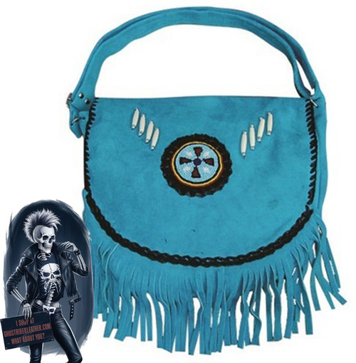Turquoise Blue Suede Leather Purse - Beads - Bones - Fringe - Western Cowgirl - Native American - Handbag - AL3309-AL
