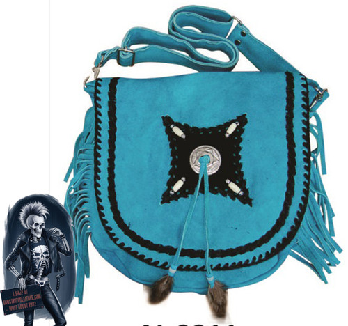 Turquoise Blue Suede Leather Purse - Beads - Bones - Concho - Fringe - Western Cowgirl - Native American Style Handbag - AL3311-AL