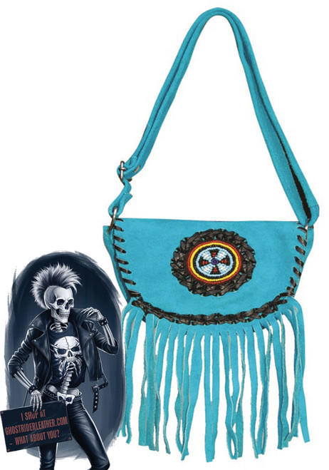 Turquoise Blue Suede Leather Purse - Beads - Long Fringe - Western Cowgirl - Native American Style Handbag - AL3311-AL