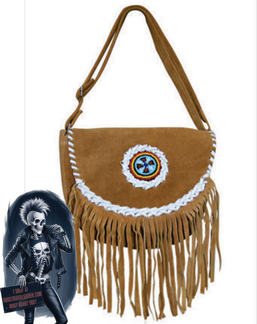 Brown Suede Leather Purse - Beads - Long Fringe - Western Cowgirl - Native American Style Handbag - AL3316-AL