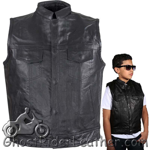 Leather Motorcycle Vest - Kid's - Black Leather - KD320-DL