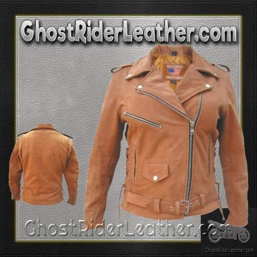 Ladies Classic Biker Brown Leather Jacket - SKU AL2115-AL