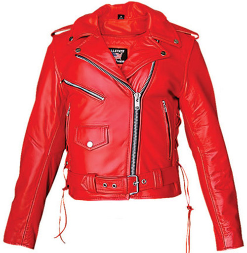 Ladies Classic Biker Red Leather Motorcycle Jacket - SKU AL2122-AL