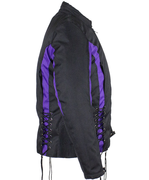 Ladies Textile Racing Jacket In Black and Purple - SKU LJ266-CCN-PURP-DL