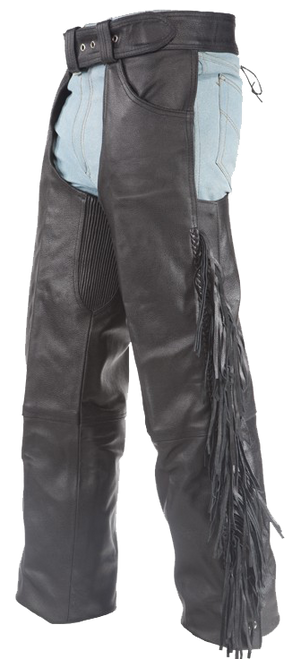 Mens Ladies Unisex Leather Chaps with Braid and Fringe - SKU C337-04-DL