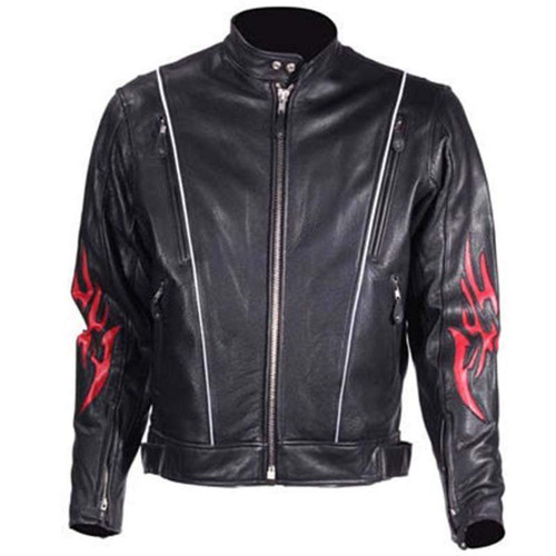 Leather Racer Jacket - Men's - Red Flames and Reflective Piping - MJ782-DL