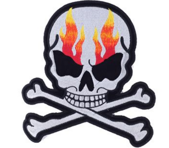Silver Metallic Skull Crossbones with Flames Patch - Vest Patch - PAT-A15-DL Silver Metallic Skull Crossbones with Flames Patch - Vest Patch - PAT-A15-DL