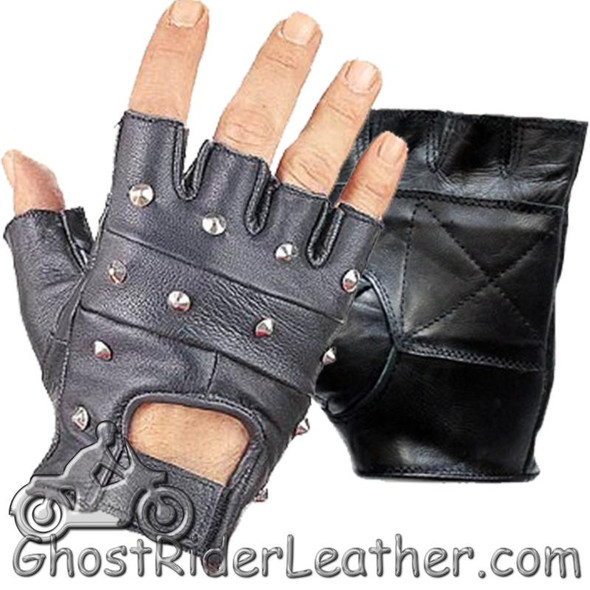 Studded Fingerless Biker Leather Motorcycle Gloves - SKU GRL-GL2010-DL
