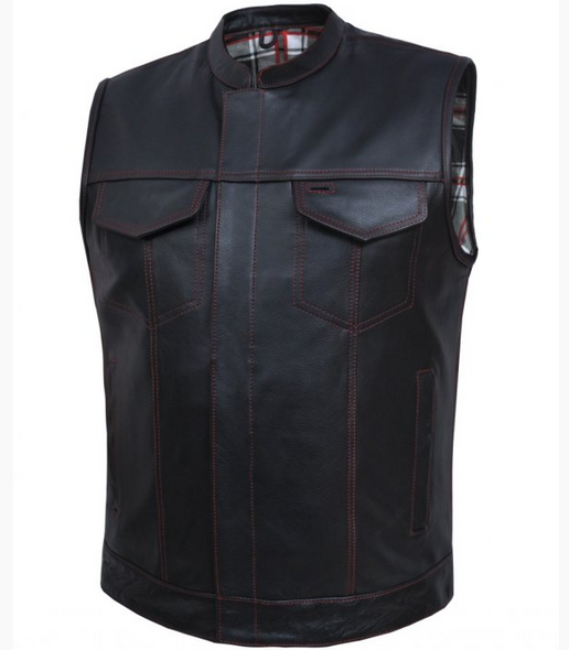 Leather Motorcycle Vest - Men's - Black and Red Flannel Liner - 6664-01-UN Leather Motorcycle Vest - Men's - Black and Red Flannel Liner - 6664-01-UN