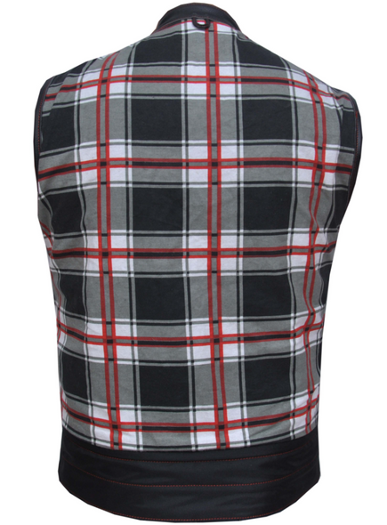 Leather Motorcycle Vest - Men's - Black and Red Flannel Liner - 6664-01-UN Leather Motorcycle Vest - Men's - Black and Red Flannel Liner - 6664-01-UN