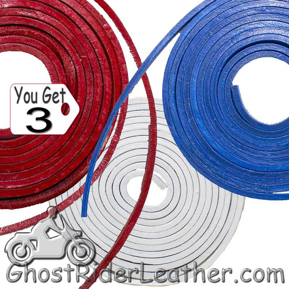 You Get THREE - 6 Foot Lengths of Red - White - Blue Leather Lacing SKU GRL-CE3-RED-WHITE-BLUE-X3-GRL You Get THREE - 6 Foot Lengths of Red - White - Blue Leather Lacing SKU GRL-CE3-RED-WHITE-BLUE-X3-GRL