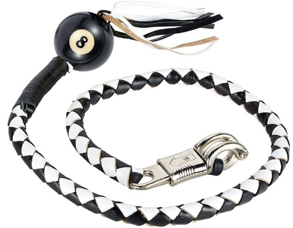 Get Back Whip - Black and White Leather - With Black 8 Ball - 42 Inches - SKU GBW7-BALL8-DL