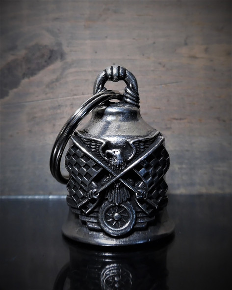 Race Flag Eagle - Pewter - Motorcycle Gremlin Bell - Made In USA - SKU BB84-DS
