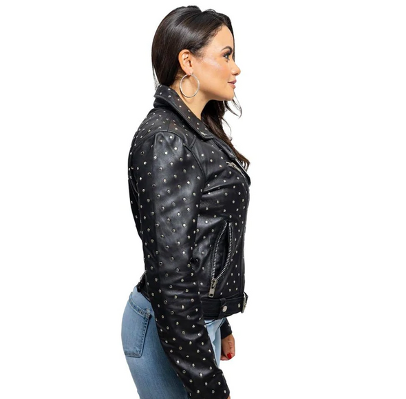 Black Leather Motorcycle Jacket - Women's - Handcrafted Studs - Claudia - WBL1723-FM Black Leather Motorcycle Jacket - Women's - Handcrafted Studs - Claudia - WBL1723-FM