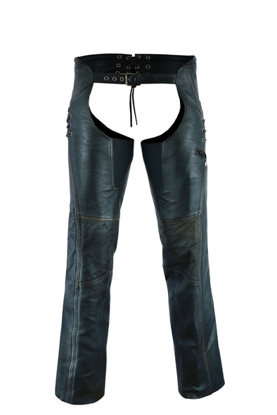 Women's Hip Set Leather Chaps in Premium Distressed Lambskin Leather - SKU DS-490-DS Women's Hip Set Leather Chaps in Premium Distressed Lambskin Leather - SKU DS-490-DS