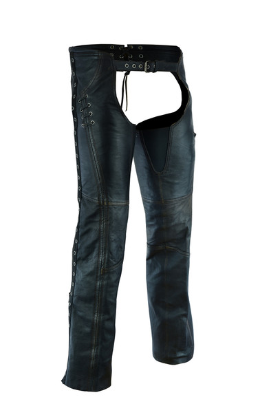 Women's Hip Set Leather Chaps in Premium Distressed Lambskin Leather - SKU DS-490-DS Women's Hip Set Leather Chaps in Premium Distressed Lambskin Leather - SKU DS-490-DS