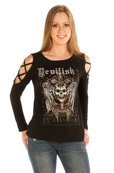 Women's Cold Shoulder Devilish Raven Shirt - Open Sleeves - SKU 7697BLK-DS Women's Cold Shoulder Devilish Raven Shirt - Open Sleeves - SKU 7697BLK-DS