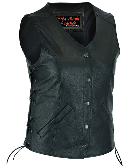 Women's 3/4 length tall leather motorcycle vest with gun pockets.