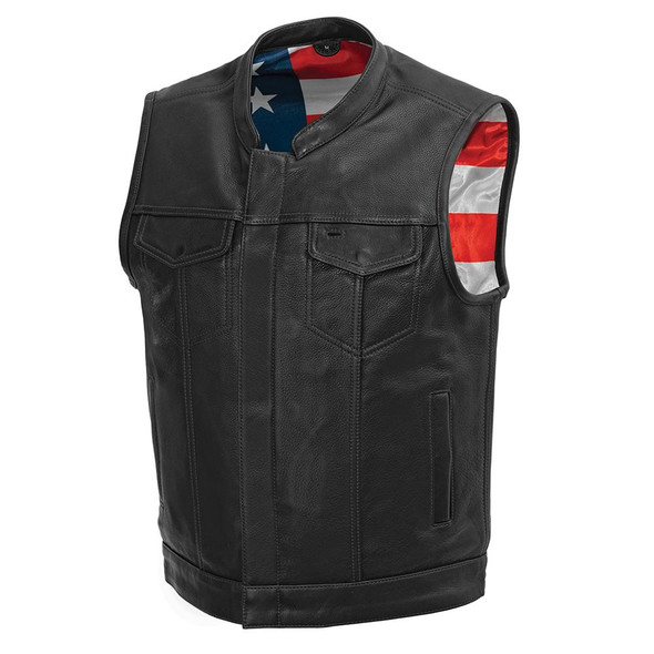 Men's Motorcycle Club Leather Vest - Black Stitching - Up To Size 5XL - USA Flag Lining - FIM683CDM-FM Men's Motorcycle Club Leather Vest - Black Stitching - Up To Size 5XL - USA Flag Lining - FIM683CDM-FM