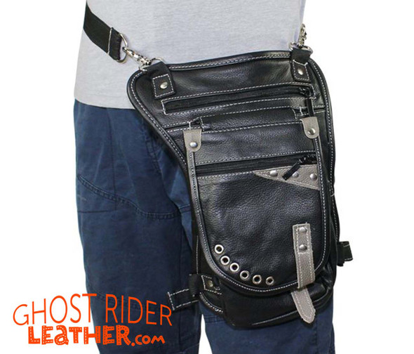Leather Thigh Bag - Gun Pocket - Black - Touch of Distressed Brown - Motorcycle - AC1029-11-BRN12T-DL Leather Thigh Bag - Gun Pocket - Black - Touch of Distressed Brown - Motorcycle - AC1029-11-BRN12T-DL