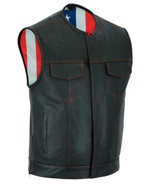 Leather Motorcycle Vest - Men's - USA Flag Liner - Gun Pockets - Up To 8XL - DS155-DS