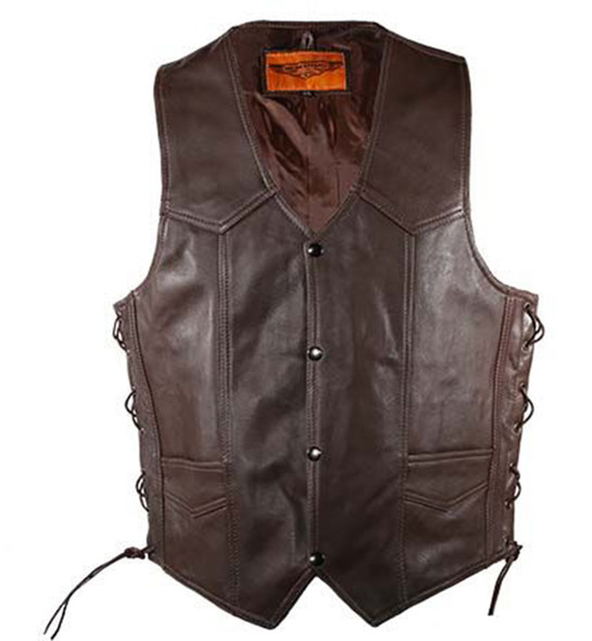 Leather Motorcycle Vest - Men's - Brown - Up To Size 64 - MV303-BRN-11-DL Leather Motorcycle Vest - Men's - Brown - Up To Size 64 - MV303-BRN-11-DL
