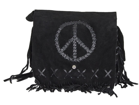 Black Suede Leather Purse - Peace Sign - Fringe - Handbag - AC2050-BLK-DL