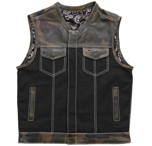 Leather and Canvas Motorcycle Vest - Men's - Camo - Up To 5XL - Infantry - FIM666CAMO-FM