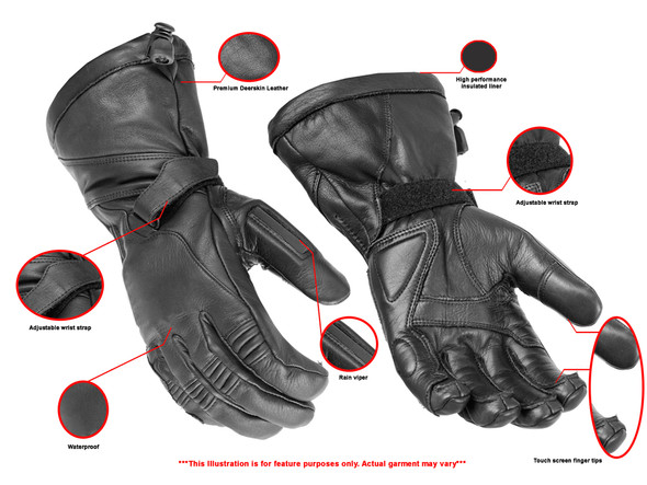 Leather Motorcycle Gloves - Men's - High Performance Deer Skin - Insulated - Gauntlet - Biker - RC28-RC