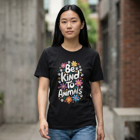 Be Kind To Animals - Flowers and Paw Prints - Retro - Unisex Heavy Cotton Tee