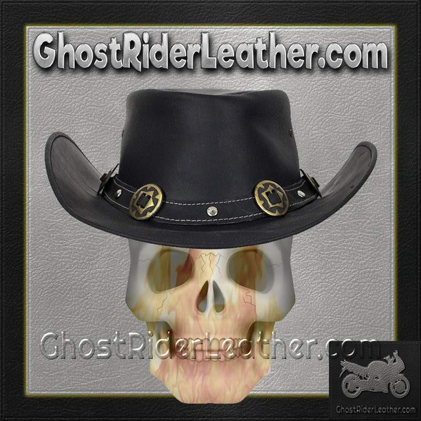 Black Leather Gambler Hat with Conchos / SKU GRL-HAT12-11-DL