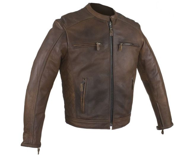 Leather Motorcycle Racer Jacket - Men's - Cool Diamond Pattern - Brown - MJ821-BRN-11-DL