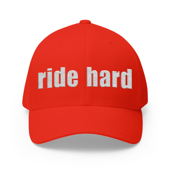 Ride Hard Embroidered Cap - Motorcycle Trucker Hat with Back Bike Icon