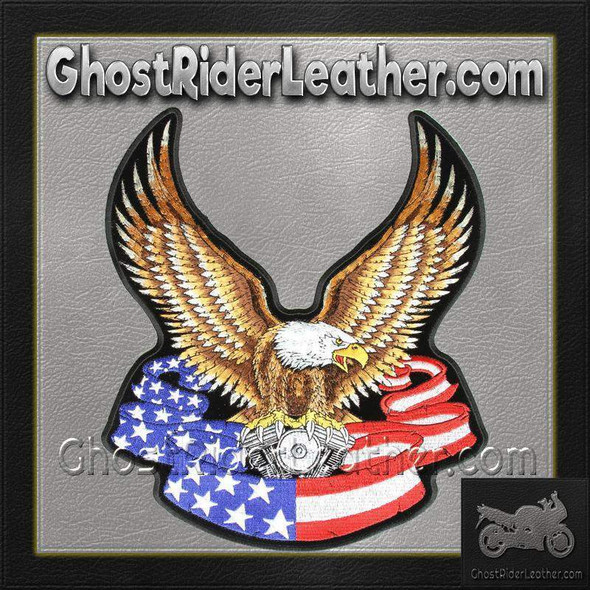 Eagle with V-Twin and American Flag Banner Vest Patch - Large - SKU GRL-PPA1097-HI Eagle with V-Twin and American Flag Banner Vest Patch - Large - SKU GRL-PPA1097-HI