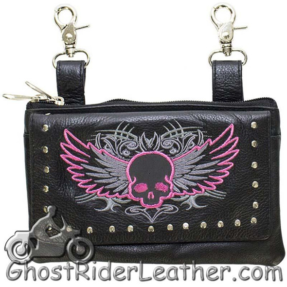 Leather Belt Bag - Pink Flying Skull Design - Handbag - BAG35-EBL10-PINK-DL