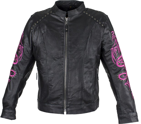 Ladies Racer Leather Jacket With Studs and Hot Pink Sleeve Design - SKU LJ7018-HOTPINK-11-DL