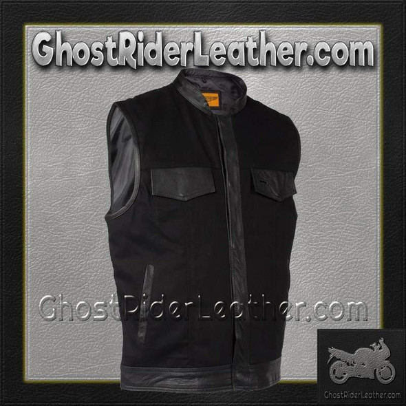 Mens Black Denim Club Vest with Leather Trim - SKU MV8019-ZIP-BD-DL Mens Black Denim Club Vest with Leather Trim - SKU MV8019-ZIP-BD-DL