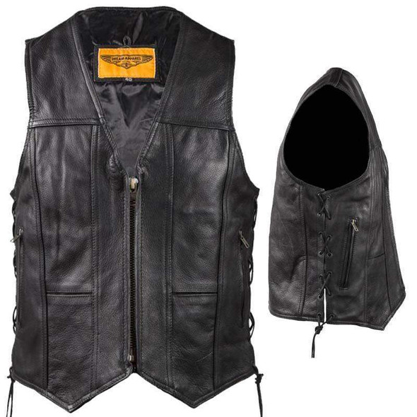 Leather Motorcycle Vest - Men's - Zipper Front - 10 Pockets - Side Laces - MV310-ZIP-11-DL