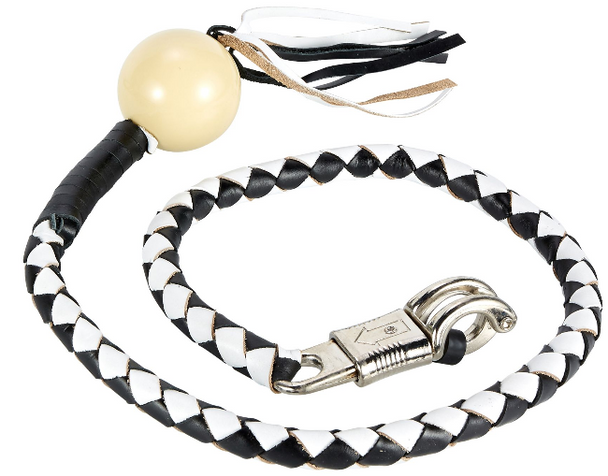 Get Back Whip - Black and White Leather - With White Cue Ball - 42 Inches - Motorcycle Accessories - SKU GBW7-BB-DL