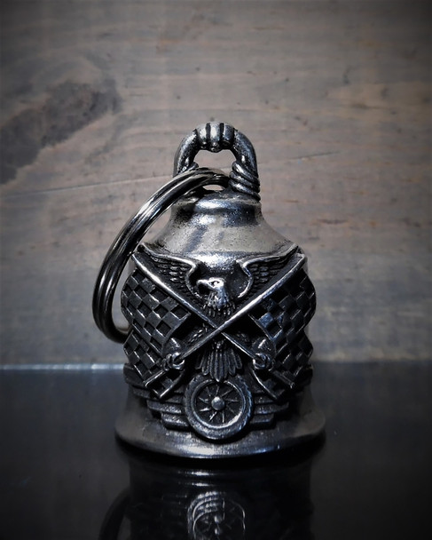 Race Flag Eagle - Pewter - Motorcycle Gremlin Bell - Made In USA - SKU BB84-DS