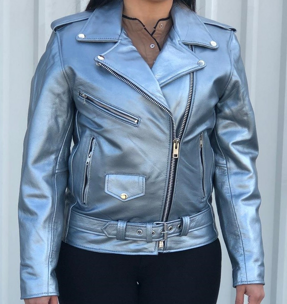 Silver Leather Motorcycle Jacket - Women's - Classic Biker - AL2125-AL