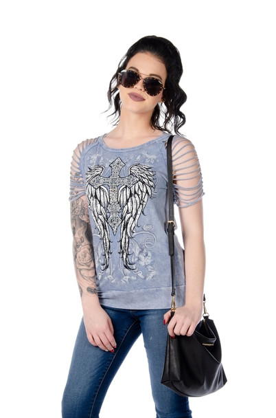 Women's Sliced Short Sleeve Shirt - Cross and Wings - 7746-DS