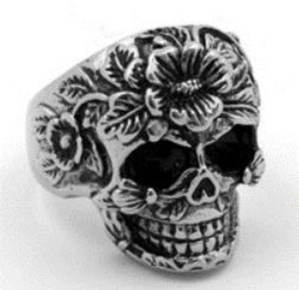 Flower Face Sugar Skull Biker Ring - Stainless Steel - Biker Jewelry - Biker Ring - R111-DS