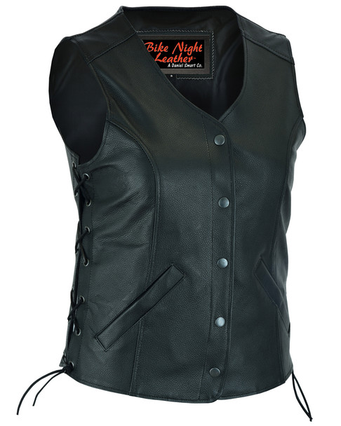 Women's 3/4 length tall leather motorcycle vest with gun pockets.