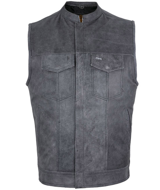 Gray Leather Motorcycle Vest - Men's - Club Style - Up To 64 - MR-MV7320-ZIP-16-DL