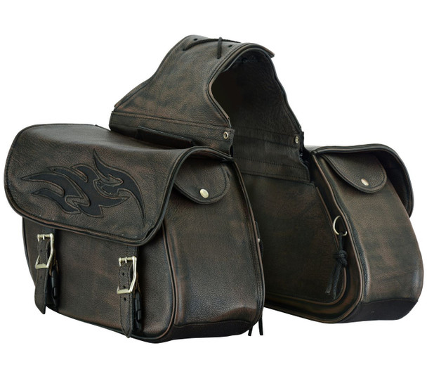 Saddlebags - Leather - Distressed Brown - Flame - Gun Holster - Motorcycle - SD-FLAME-12N-DL