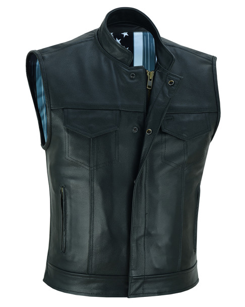 Leather Motorcycle Vest - Men's - Flag and Skull Lining - Club - Up To 8XL - DS193-DS