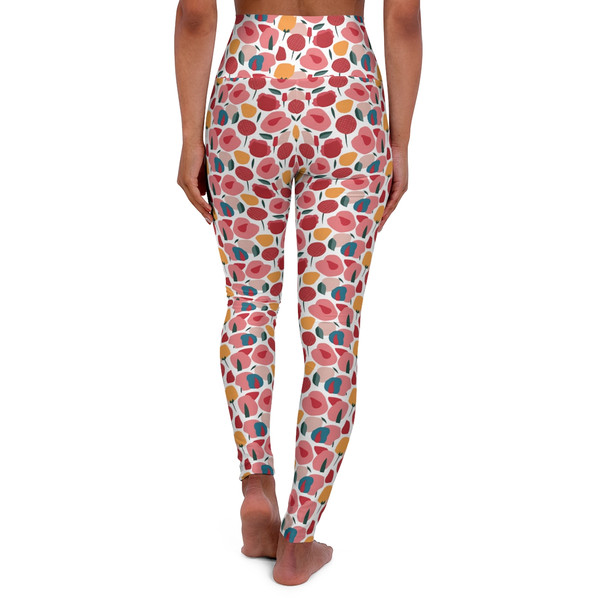 Pink and Red Stylized Roses Pattern - Pink Red Yellow on White - High Waisted Yoga Leggings - Pants