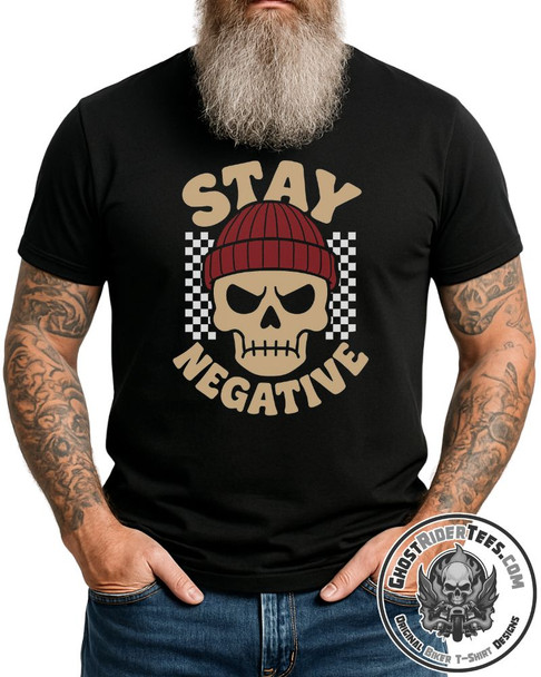 Motorcycle T-Shirt - Stay Negative - Skull Wearing Beanie - Checkerboard - Unisex Tee